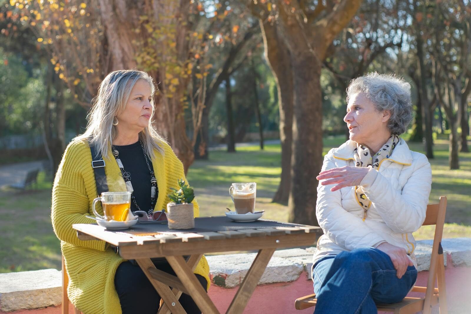 Two senior women enjoying tea and conversation at a park in Portugal.